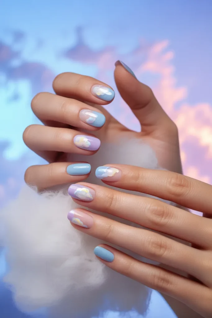 jelly nails with soft cloud designs, dreamy sky aesthetic