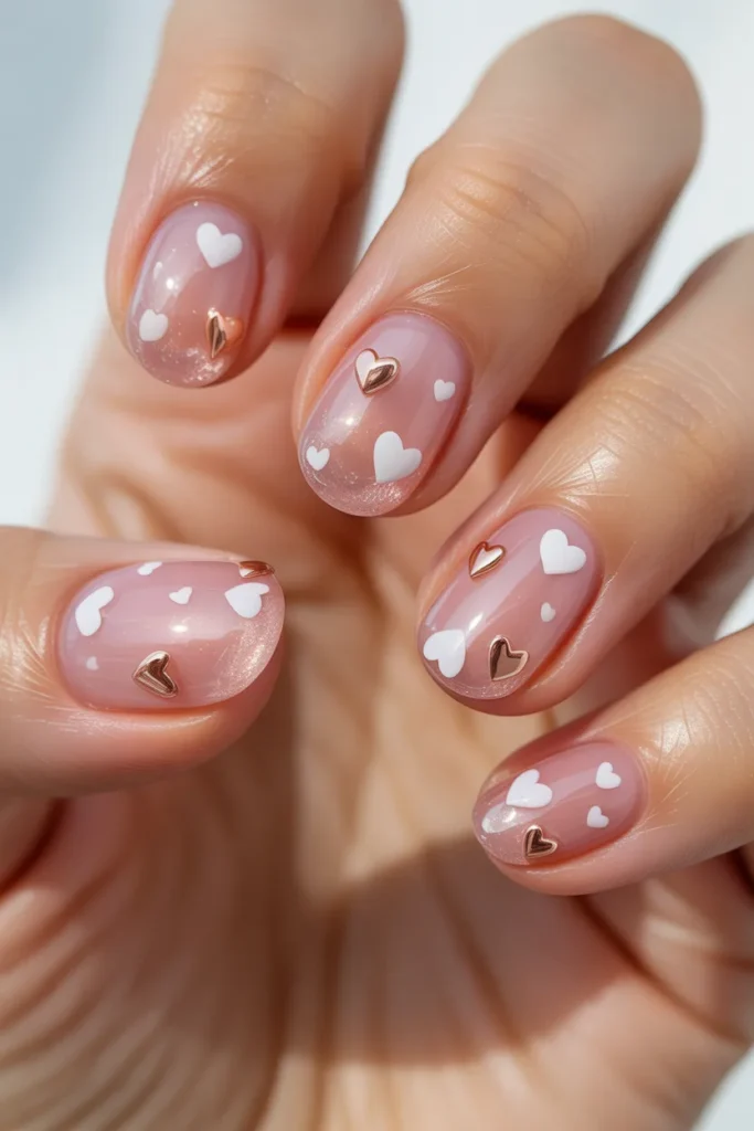 jelly nails with tiny heart designs, soft pink base