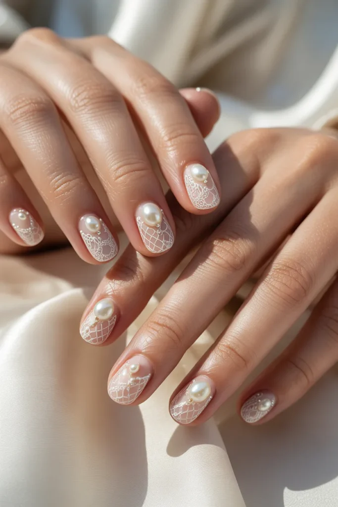 lace-inspired nail design with pearls