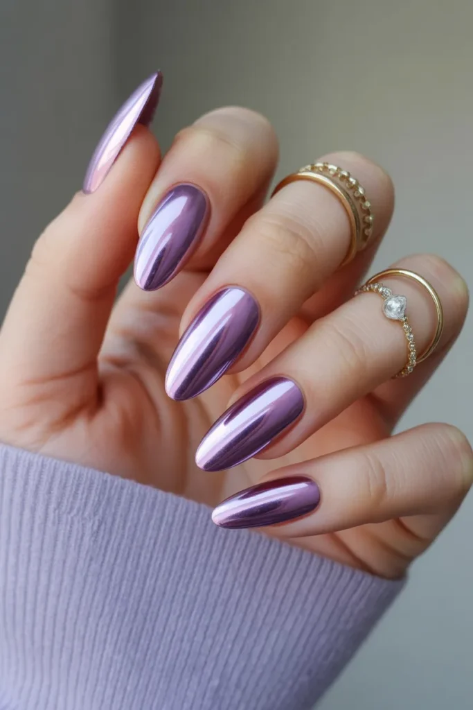 lavender chrome reflective nails, almond shape