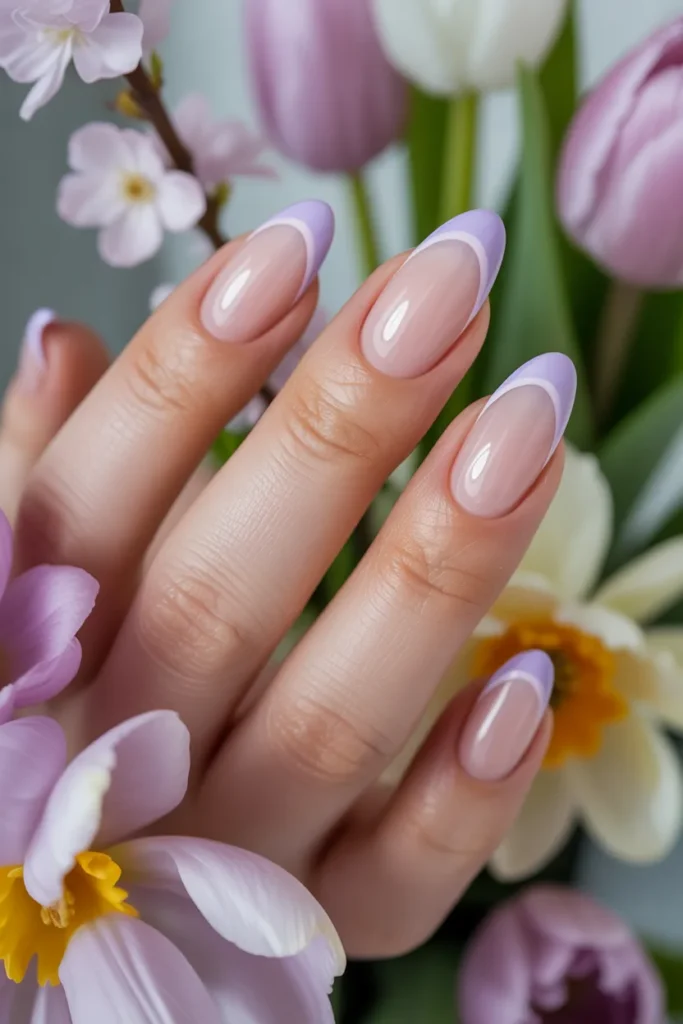 lavender french tip nails, almond shape