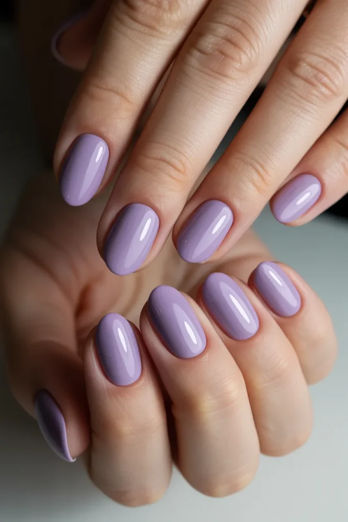lavender nails, glossy simple manicure