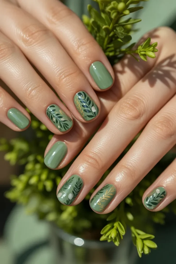  light green nails with leaf patterns, botanical nail art