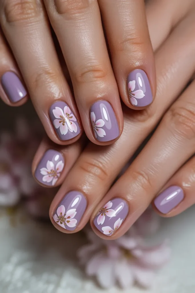 light purple nails with blossom flower patterns