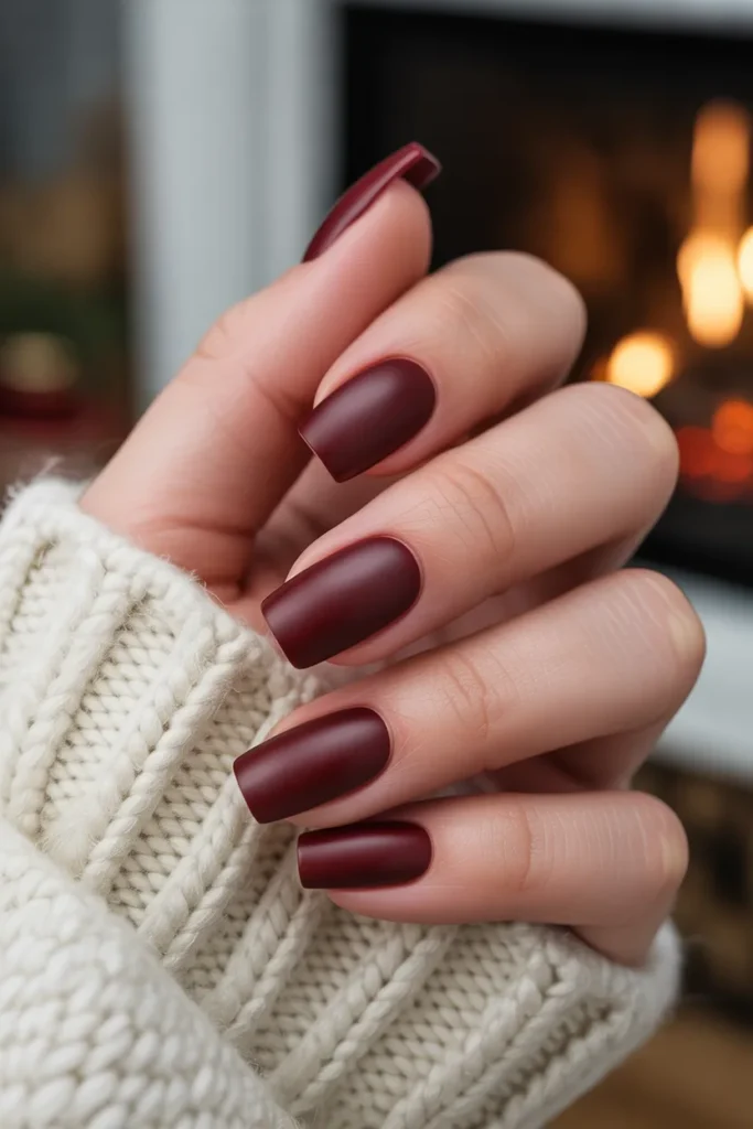 matte burgundy nails, coffin shape