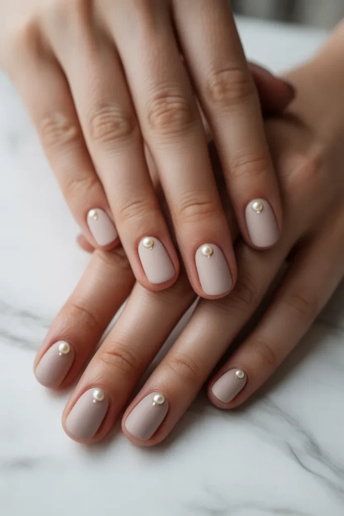 matte nude nails with shiny pearl accents