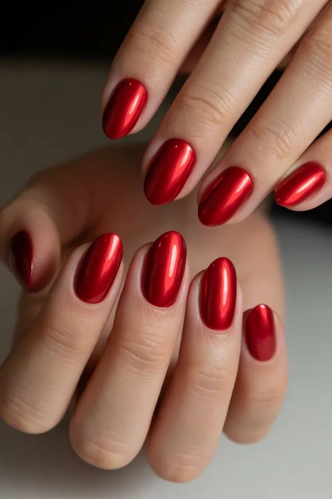 metallic red nails, shiny finish