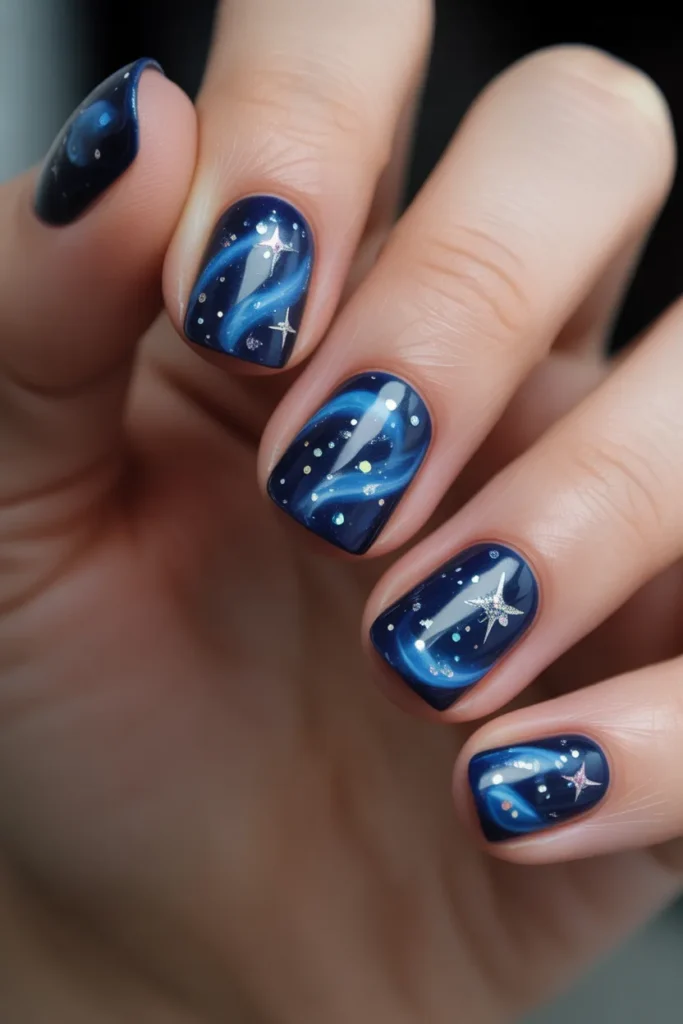 midnight blue galaxy nails stars glitter cosmic nails