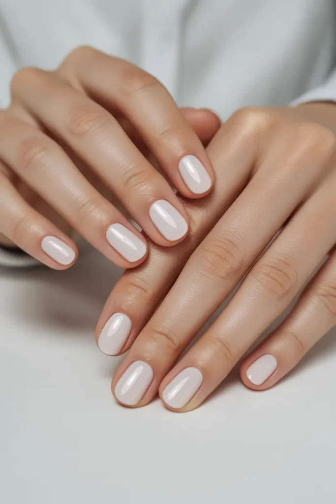 milky white glossy nails