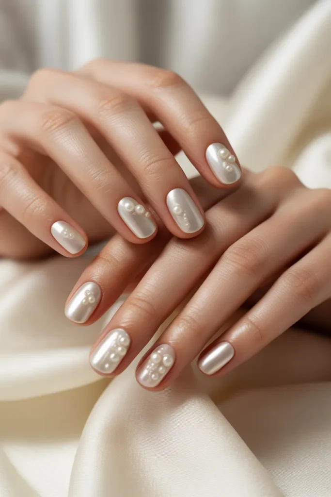 milky white nails with small pearls scattered