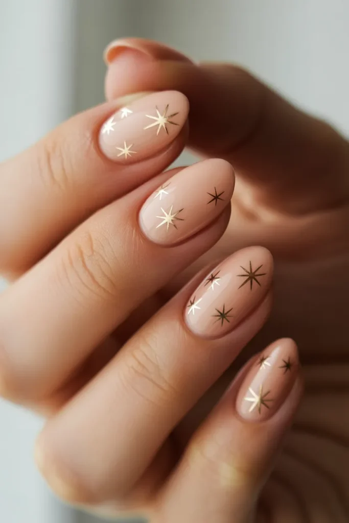  minimal star nails, nude base, gold stars