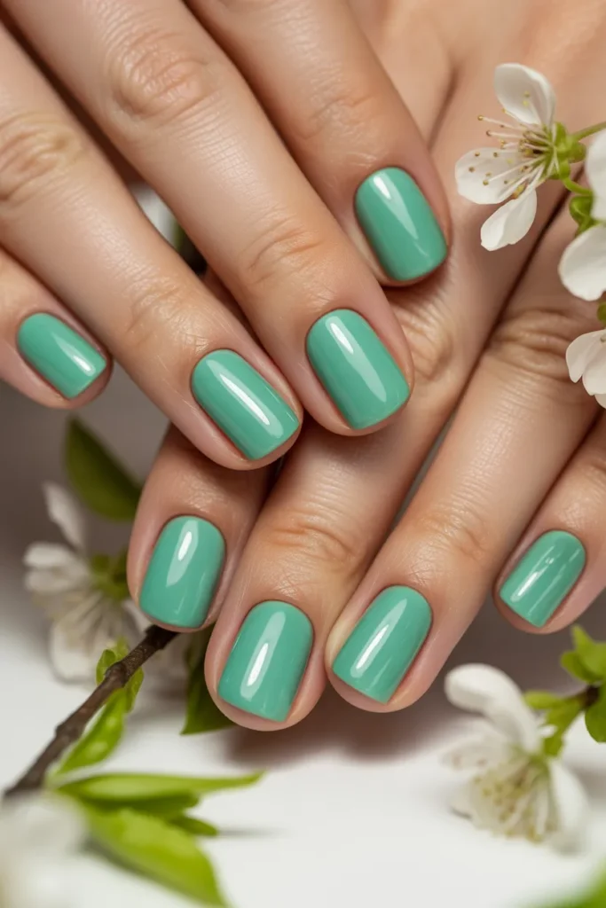 mint green glossy nails, short square shape