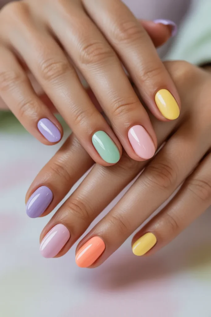 mixed pastel nails, colorful spring manicure