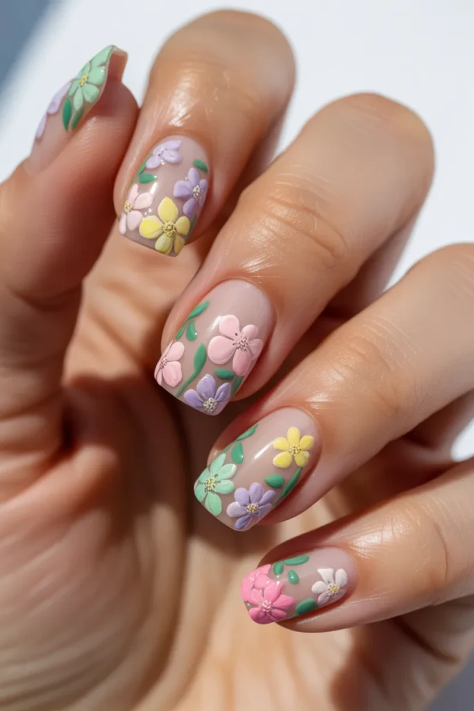 multicolor floral french tip nails