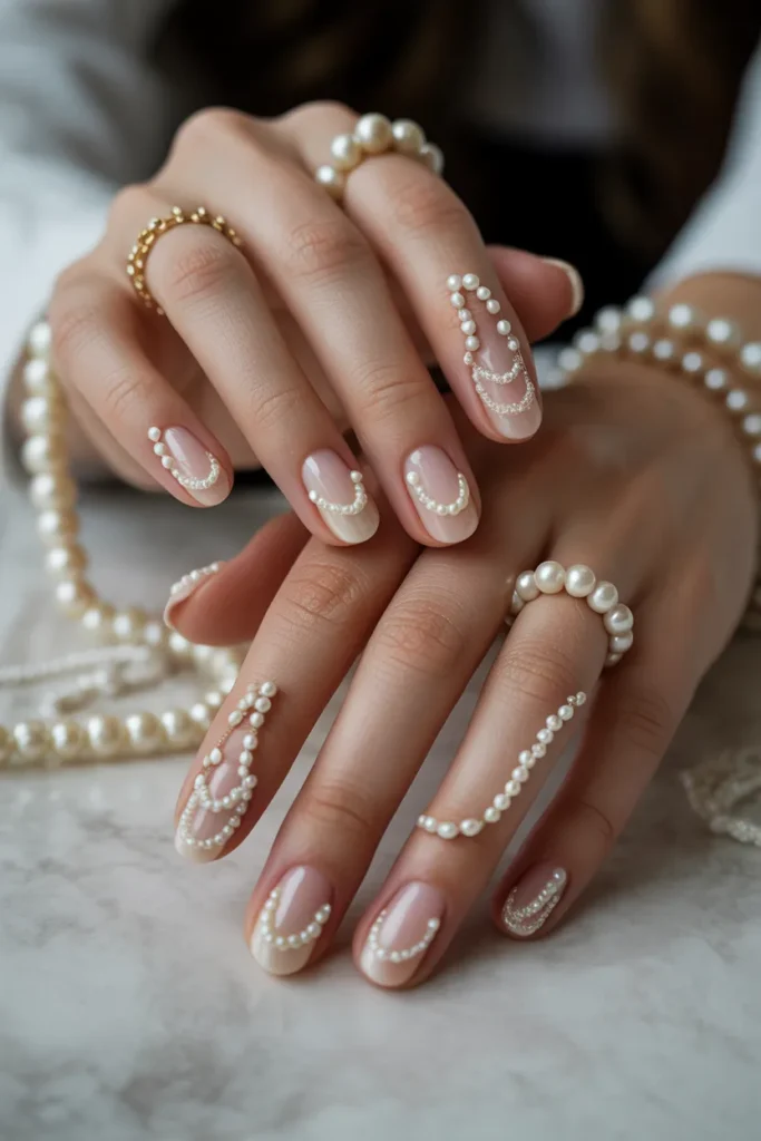 nails with pearl chain patterns