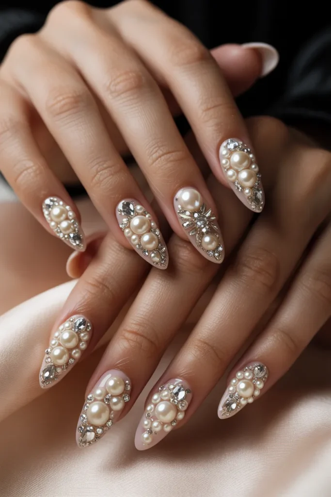 nails with pearls and rhinestones combined