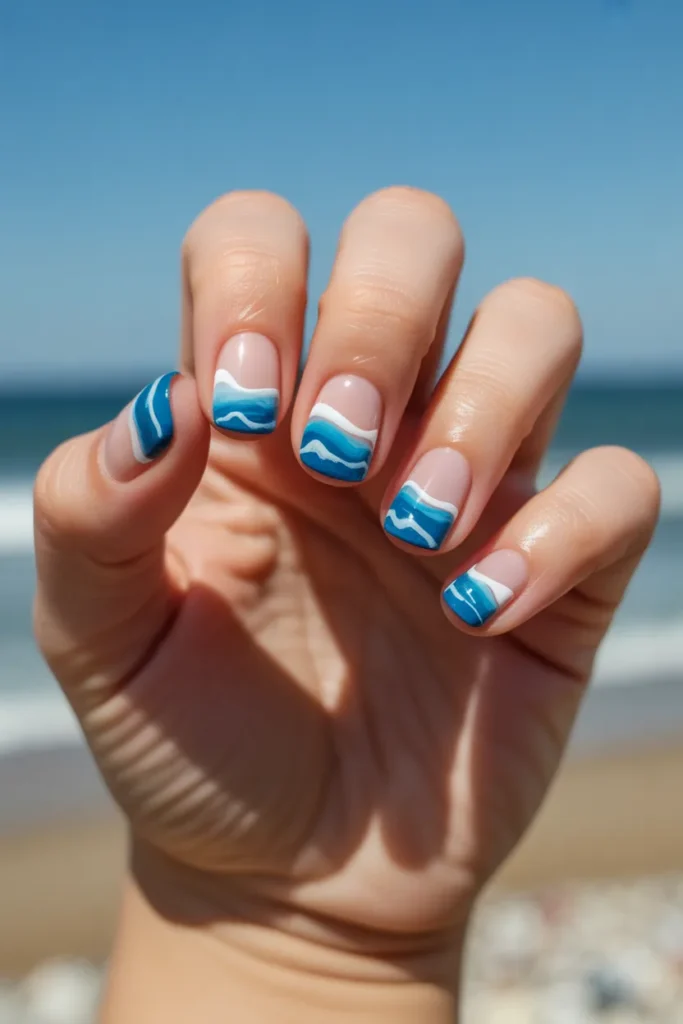 nails with realistic blue ocean waves, white foam details