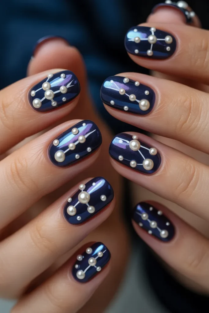 nails with star shapes made of pearls, celestial nail design