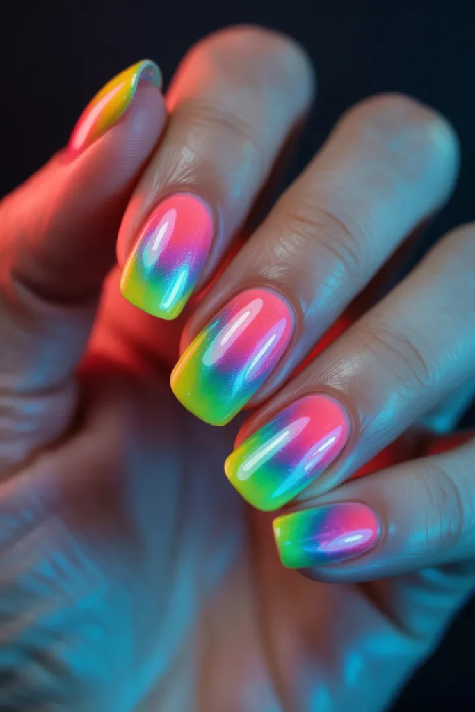 neon jelly nails with gradient effect