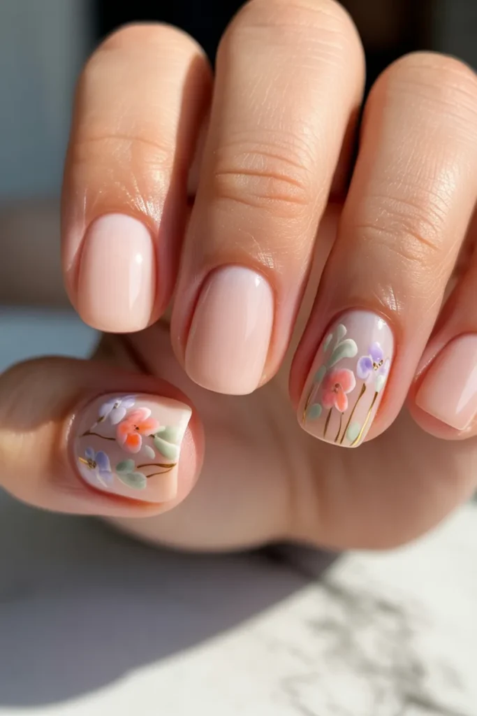 neutral nails with one accent nail featuring colorful floral art