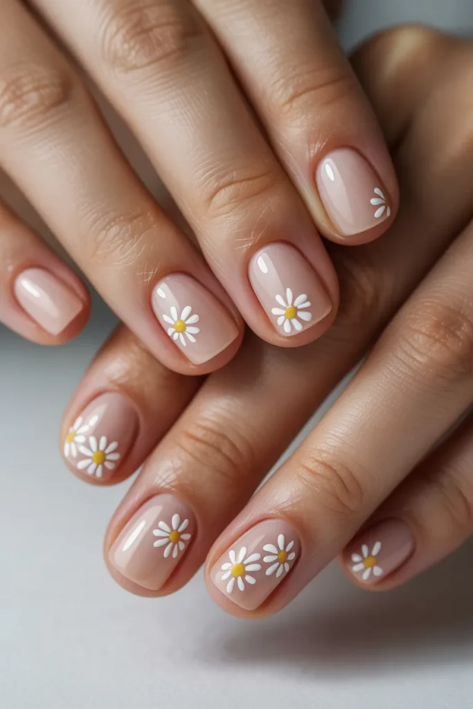nude base nails with tiny white daisy flowers