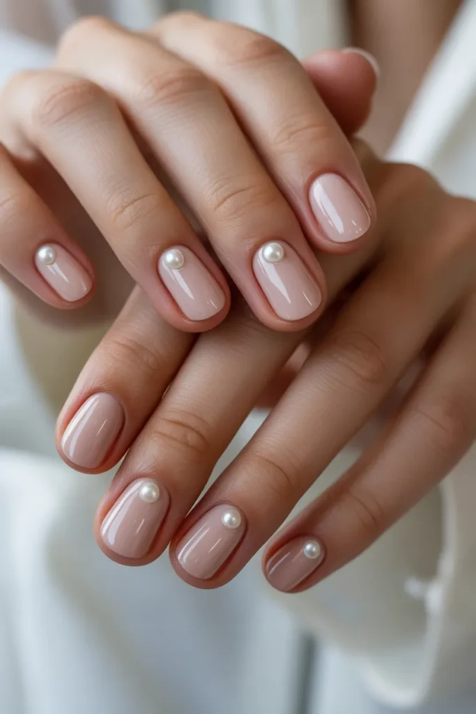 nude glossy nails with a single small pearl placed