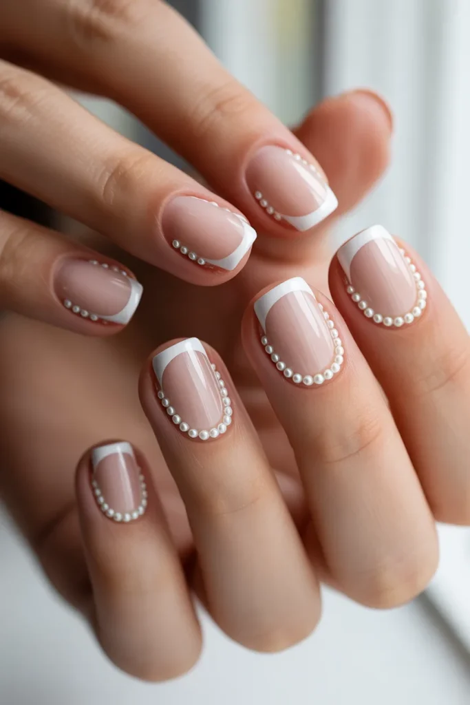 nude nails with French tip outlined using pearls