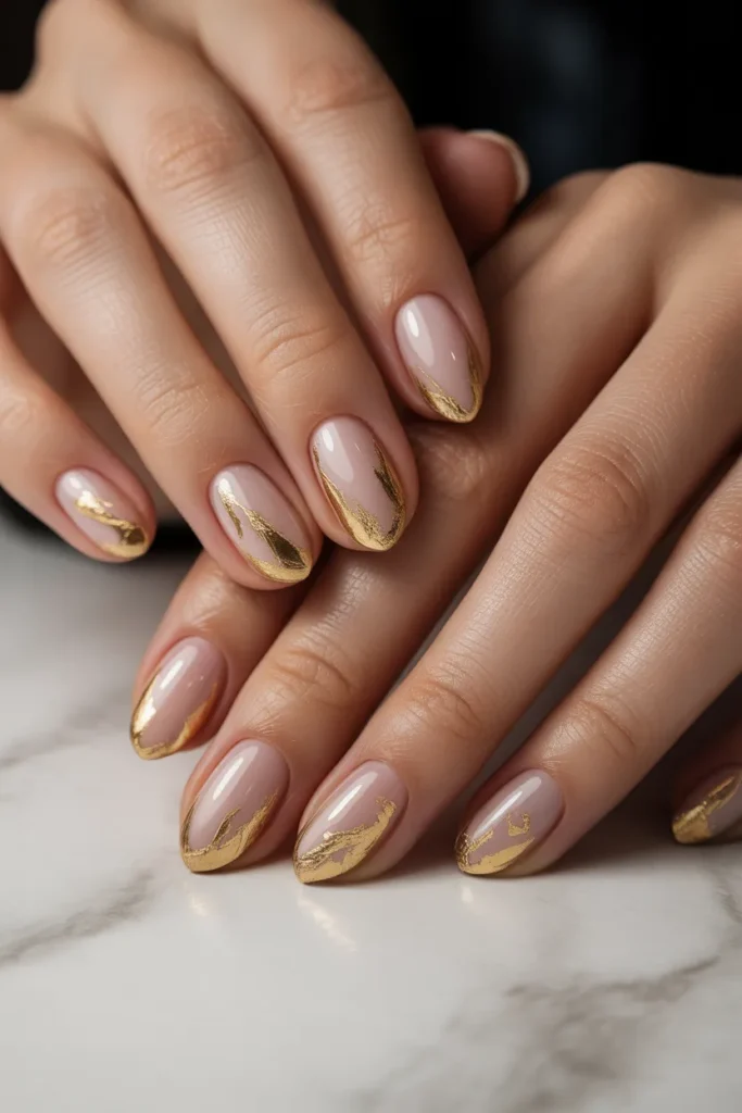 nude nails with gold foil accents