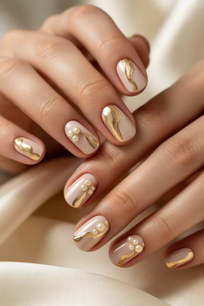 nude nails with gold foil and pearl embellishments