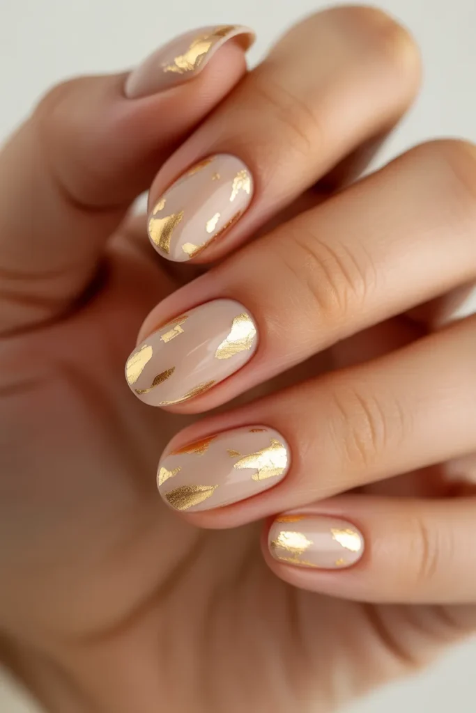 nude nails with gold foil flakes