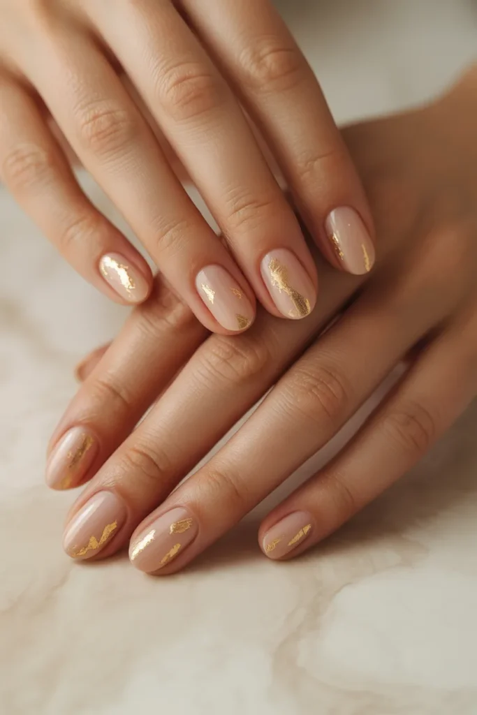 nude nails with gold foil flakes