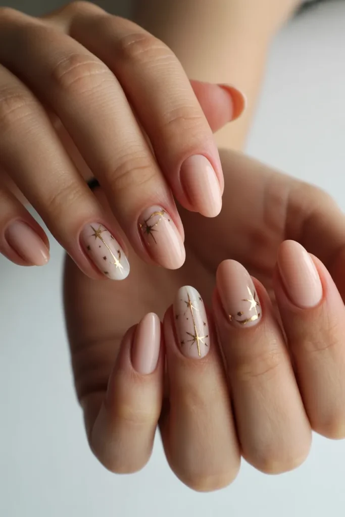 nude nails with gold stars