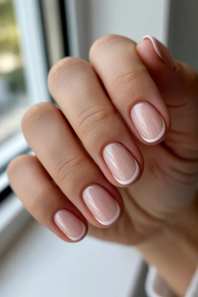  nude nails with micro baby pink french tips