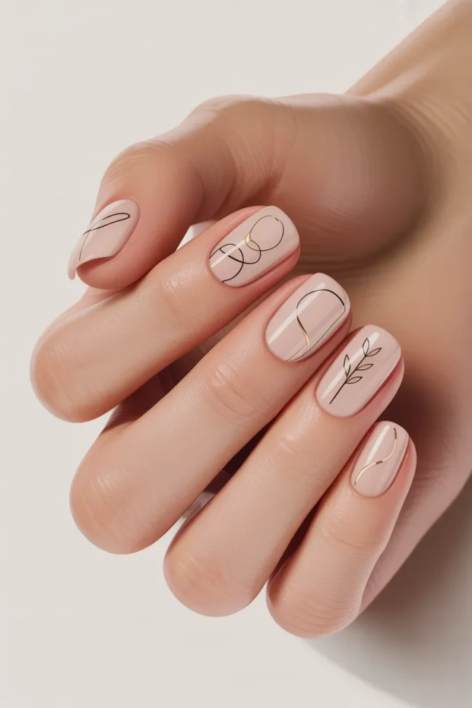 nude nails with minimal line art