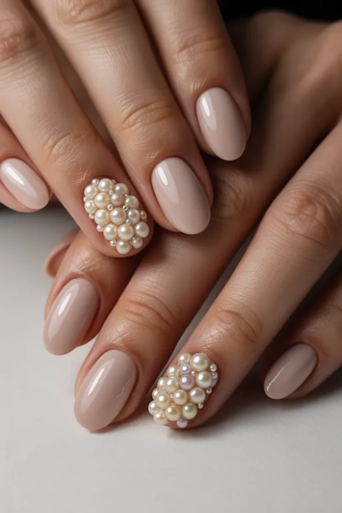 nude nails with one accent nail covered in pearl clusters