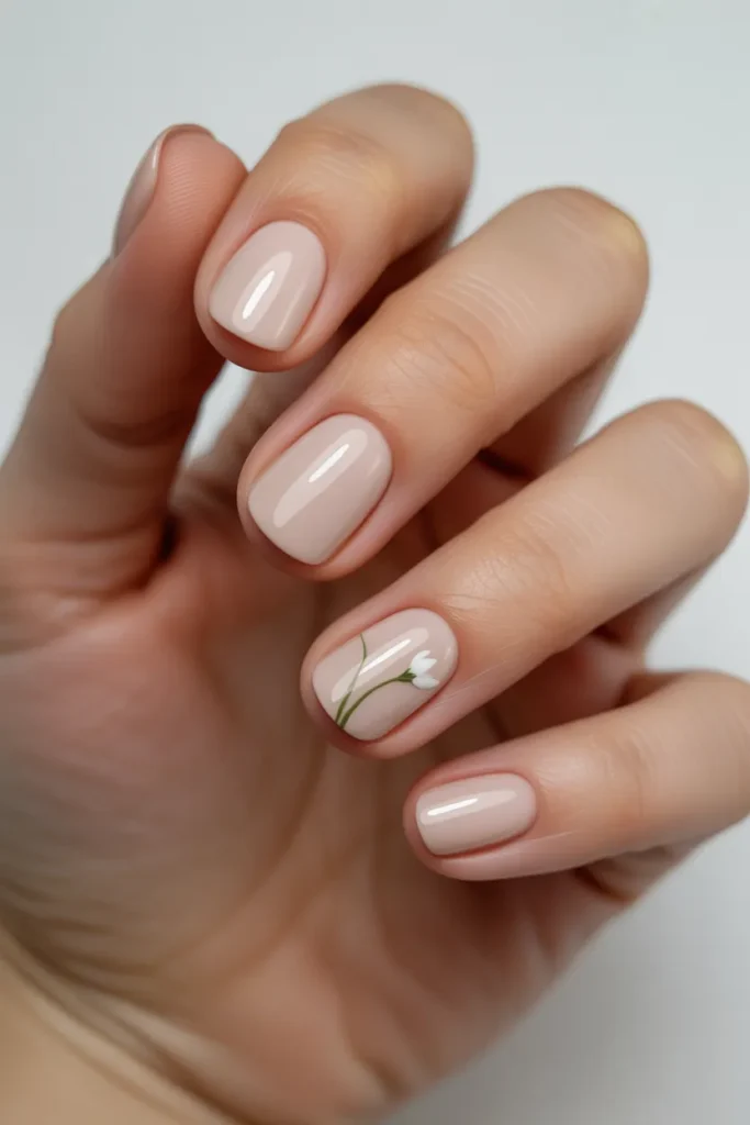 nude nails with one floral accent nail