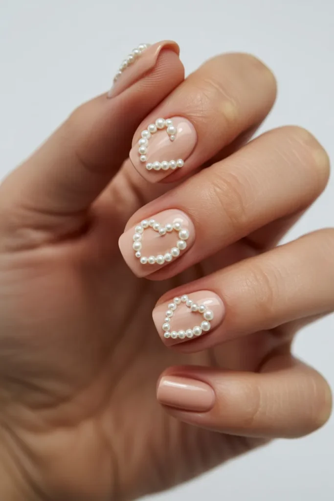 nude nails with pearl heart designs