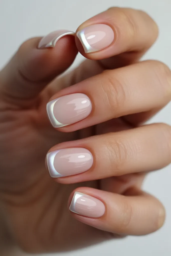 nude nails with pearl tips forming French design