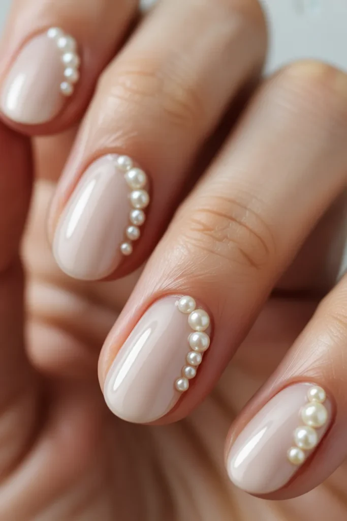 nude nails with pearls on one edge only