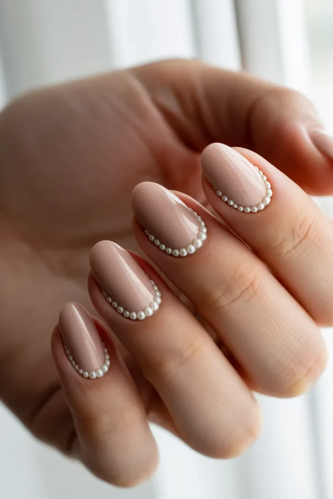 nude nails with pearls placed along the cuticle line