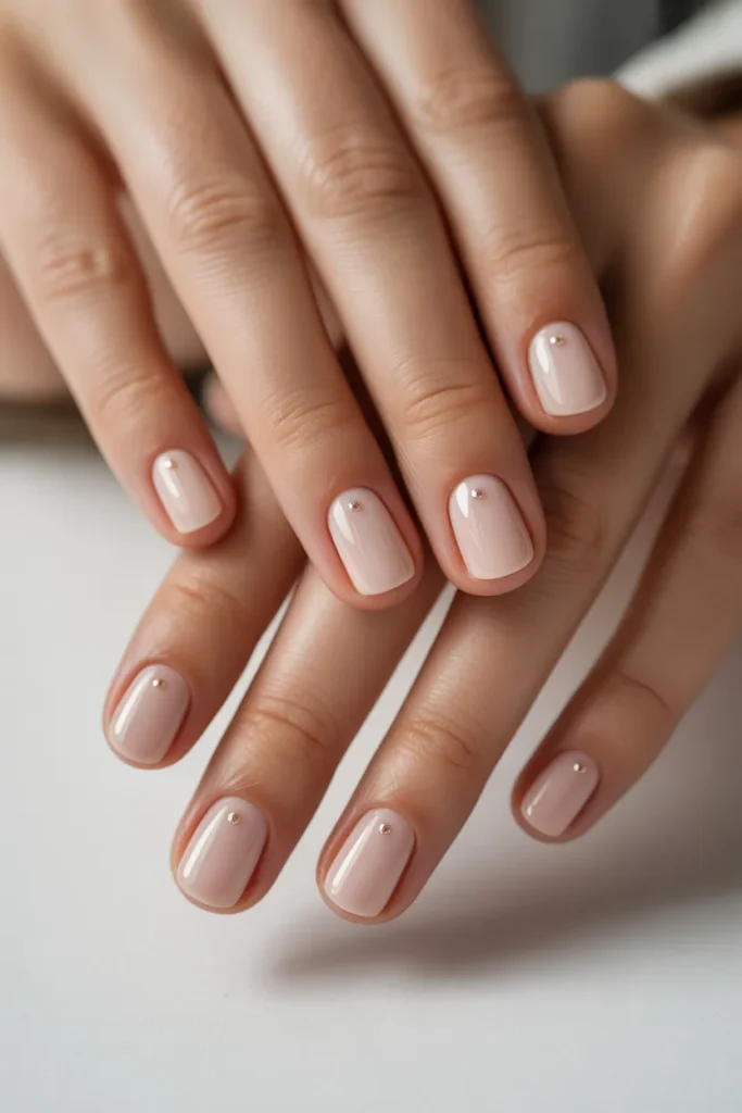 nude nails with single dot accent