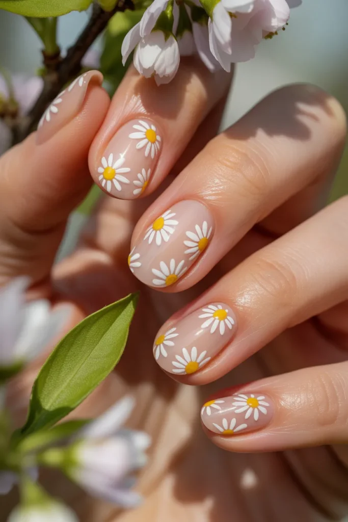 nude nails with small daisy flowers