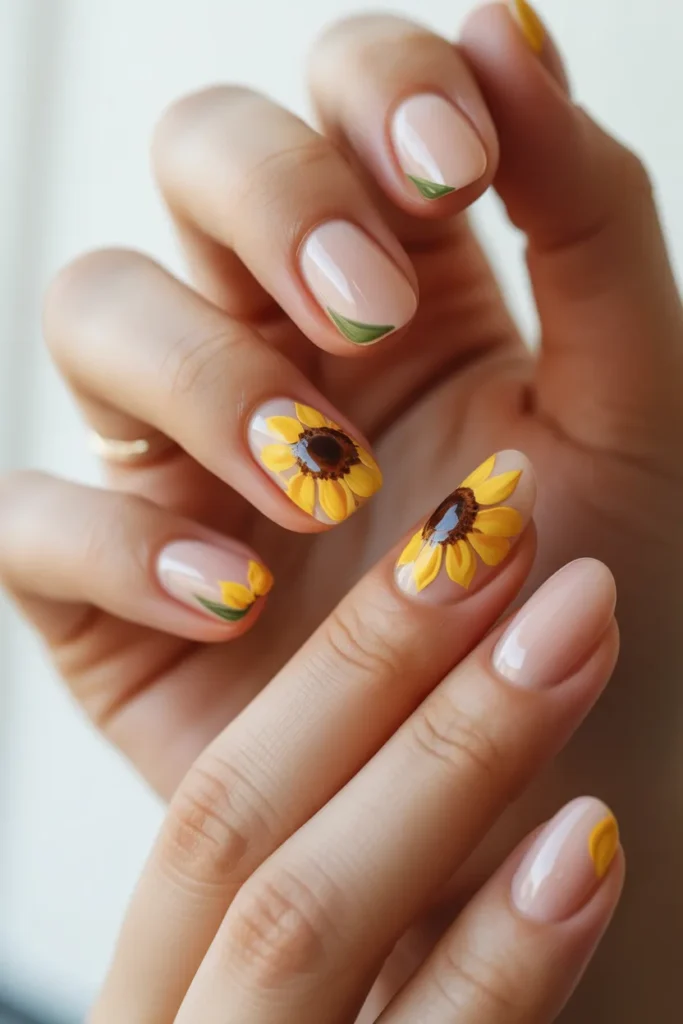 nude nails with sunflower accent art, bright yellow floral details, spring vibe