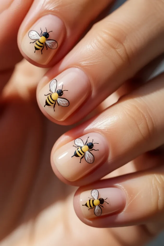 nude nails with tiny bee designs