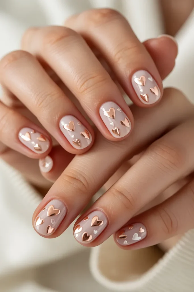 nude nails with tiny heart designs