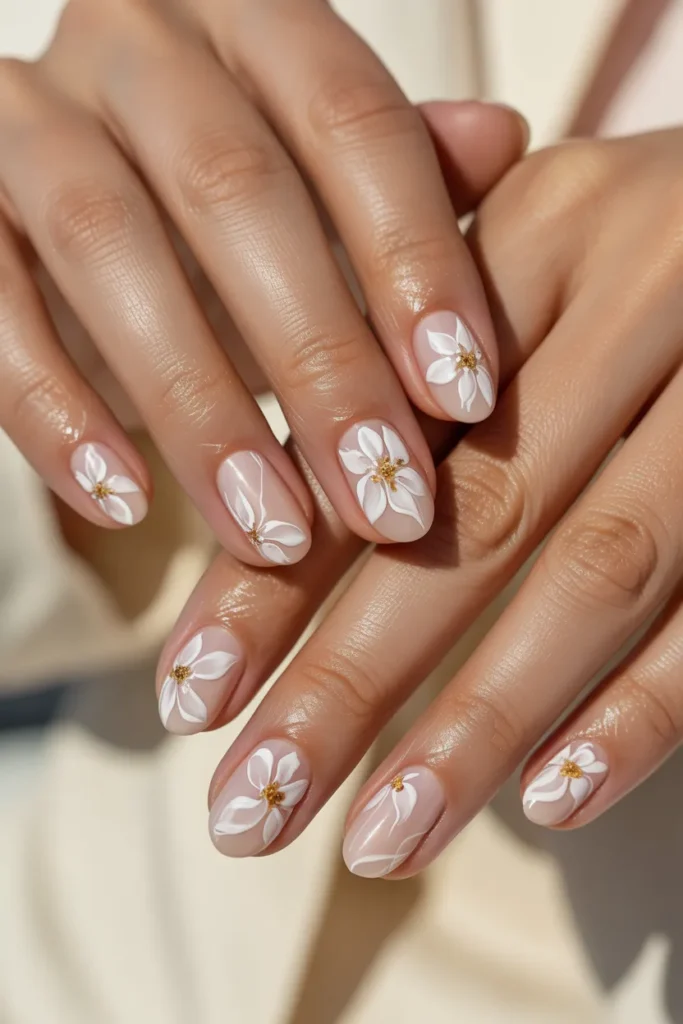 nude nails with white floral designs