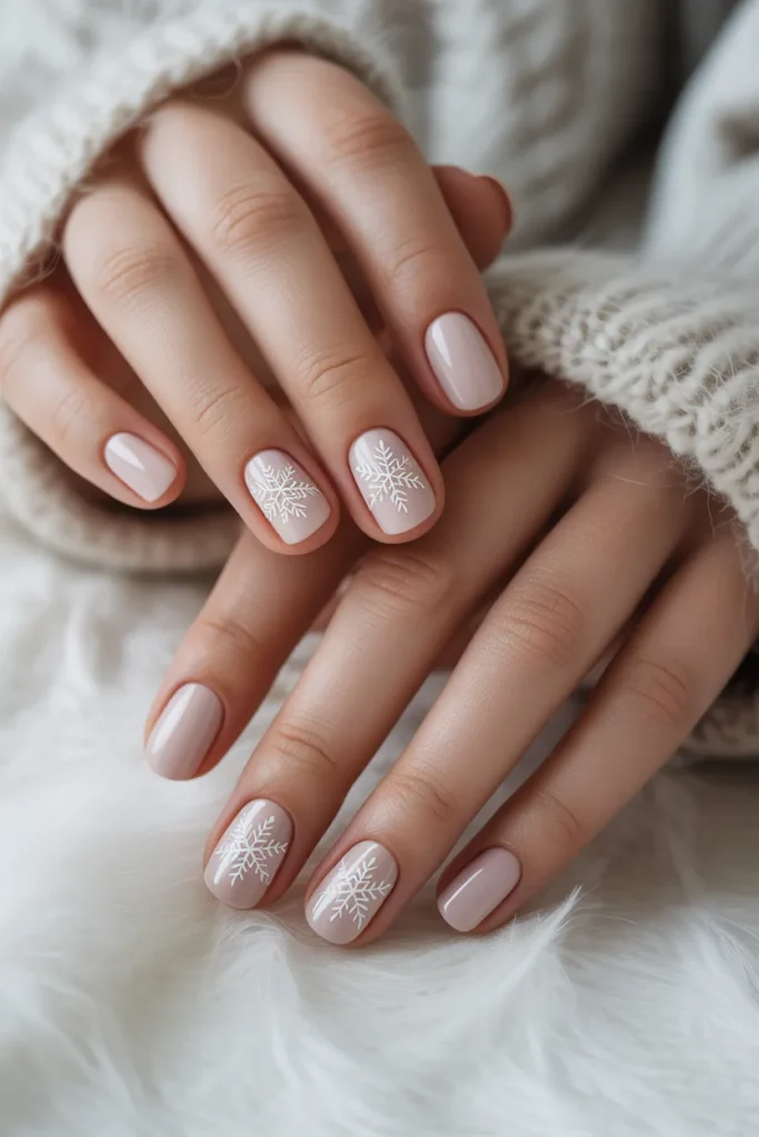 nude nails with white snowflake designs