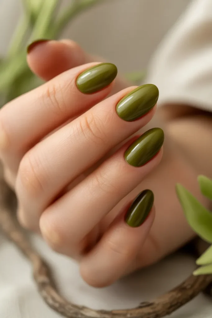 olive green solid nails, matte finish