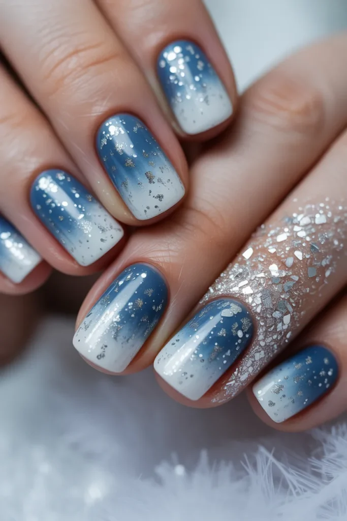 ombre nails with silver glitter, frosted winter look
