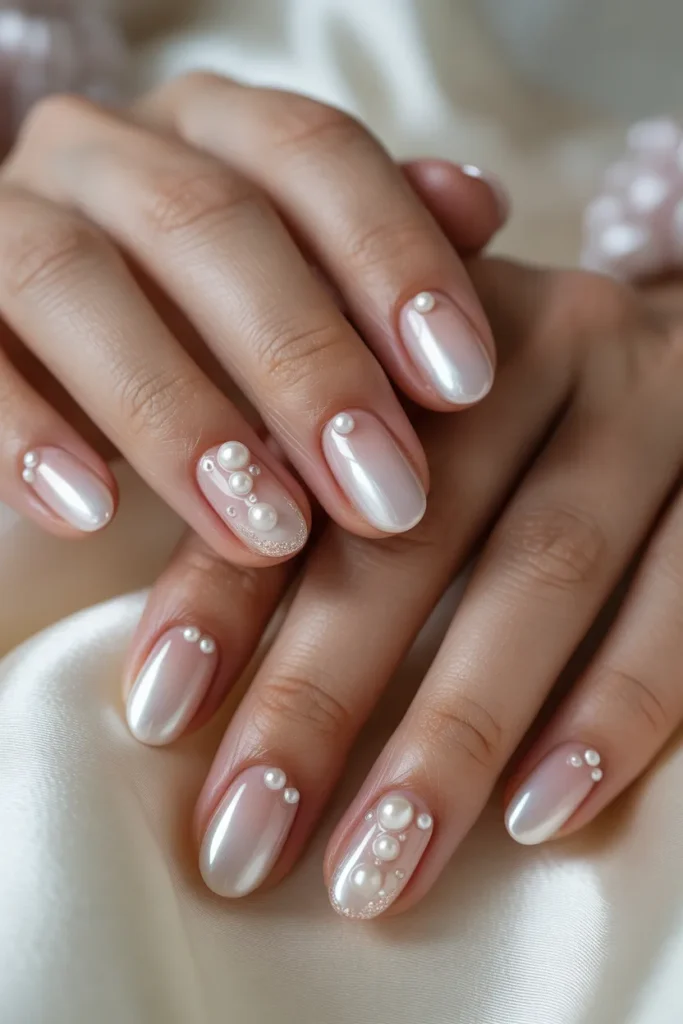 ombre pink to white nails with scattered pearl embellishments